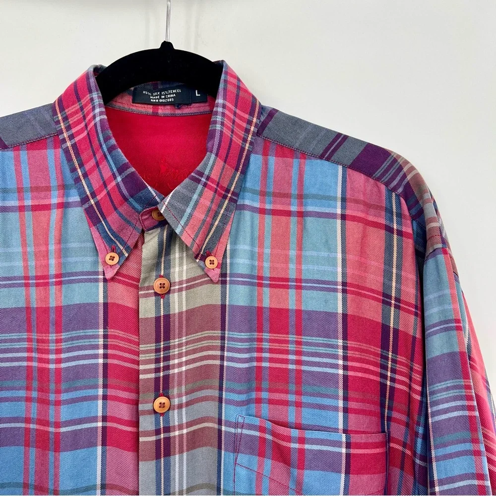 Johnnie Walker Plaid Button Down Long Sleeve Dress Shirt Men Silk Tencel L - Picture 6 of 6